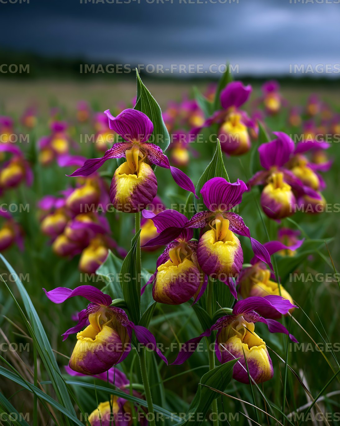 Orchids bloom in a field under a dark sky