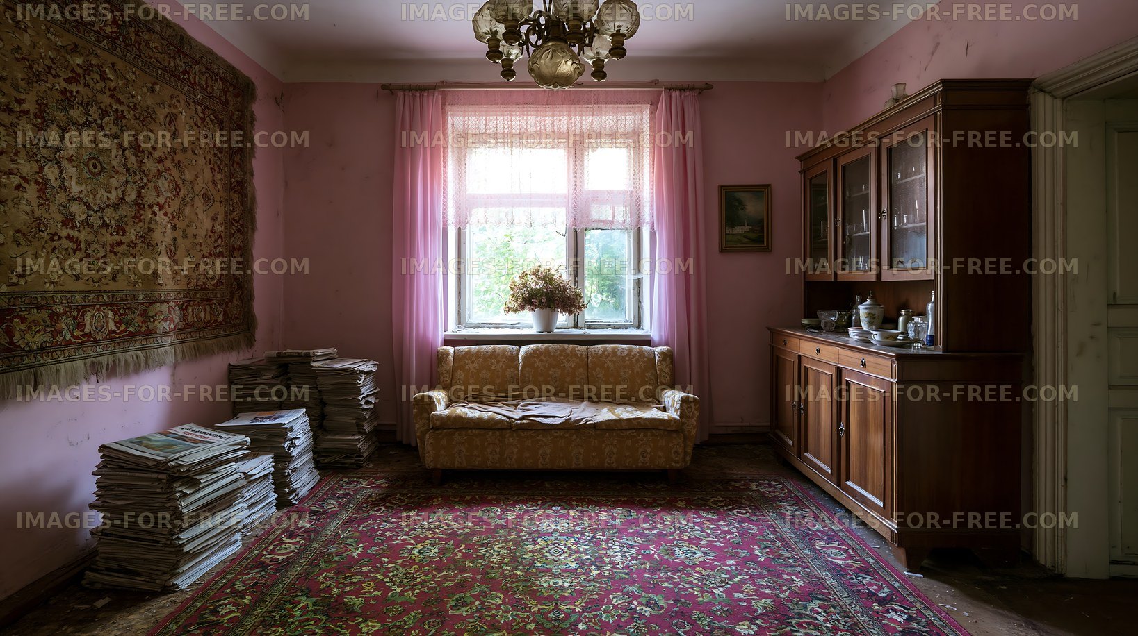 Living room with old furniture and stacks of magazines