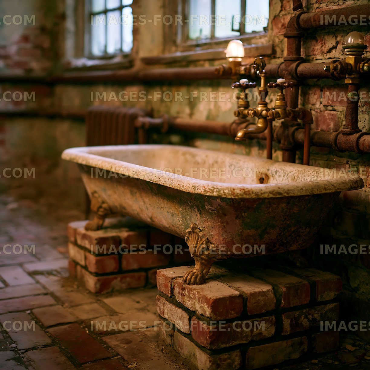 Old bathtub in a rustic bathroom with exposed brick walls