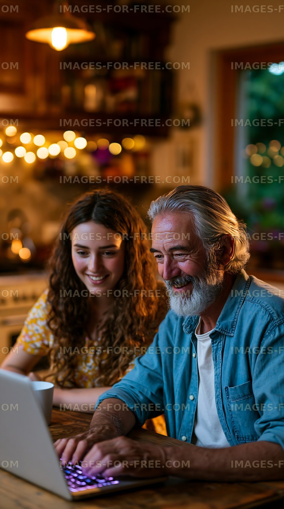 Two people working together on a laptop in a cozy kitchen