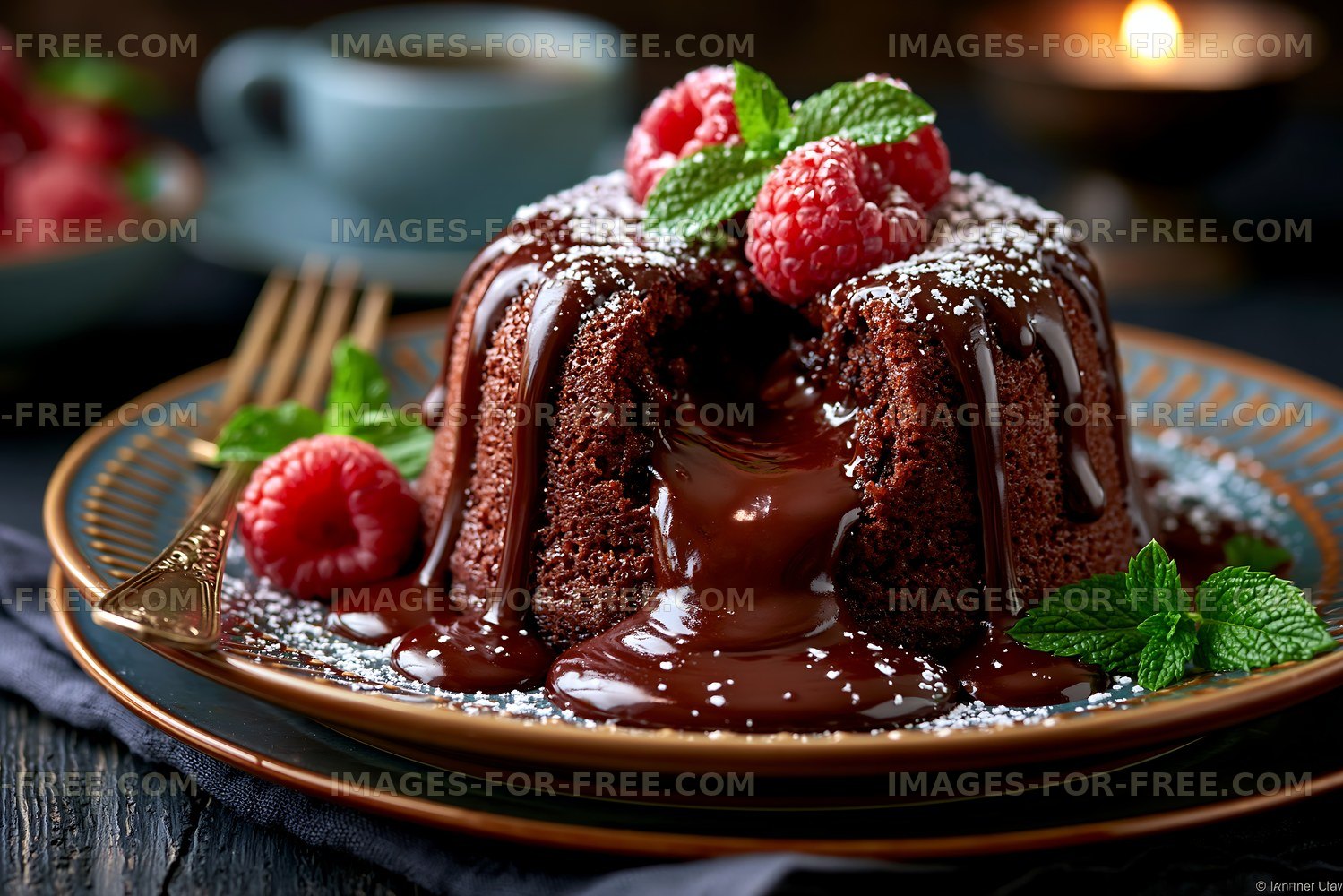 Chocolate molten lava cake with raspberries and mint leaves