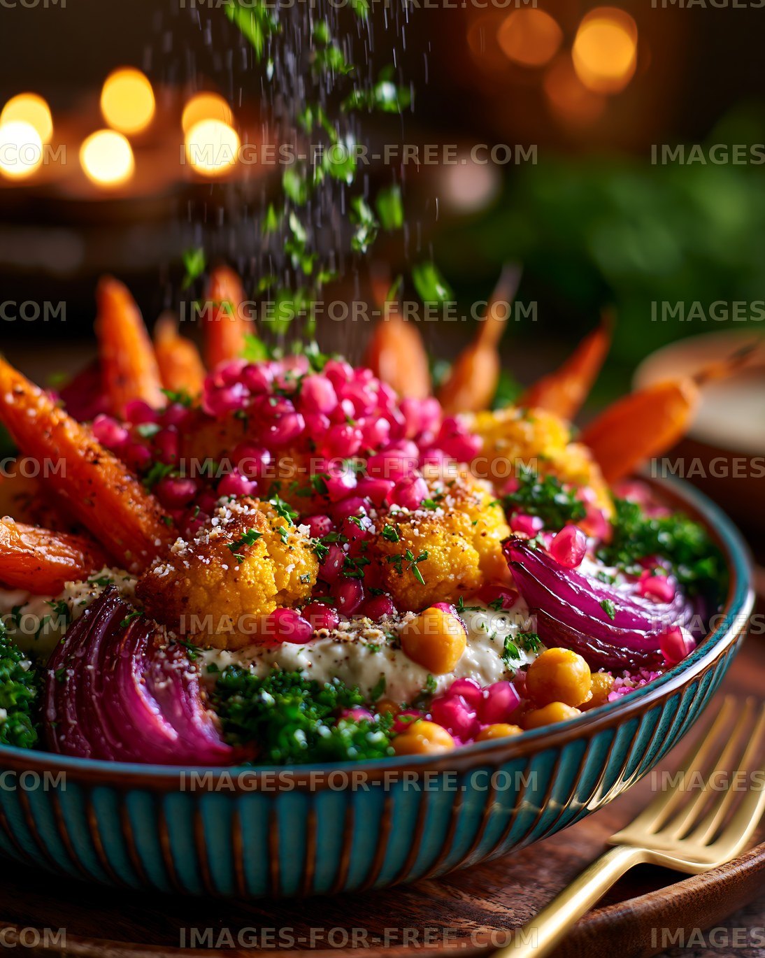 Colorful vegetable bowl with spices being sprinkled