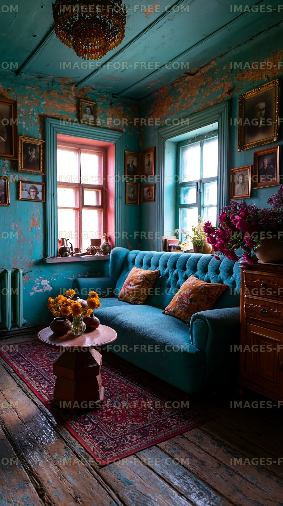 Cozy vintage living room with blue walls and natural light