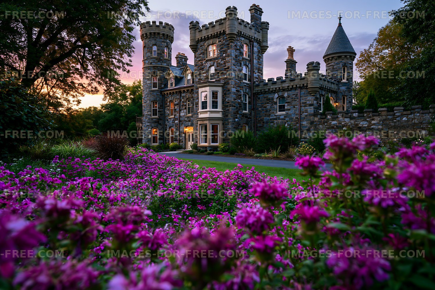 Castle surrounded by flowers at sunset in a garden setting