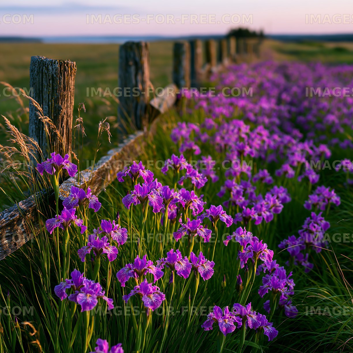 Purple flowers along a wooden fence in a field at sunset