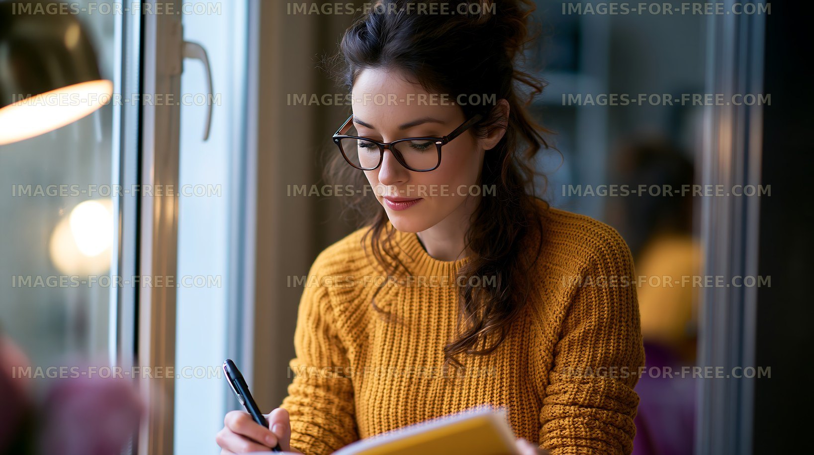 Woman writing notes near a window in a bright indoor space