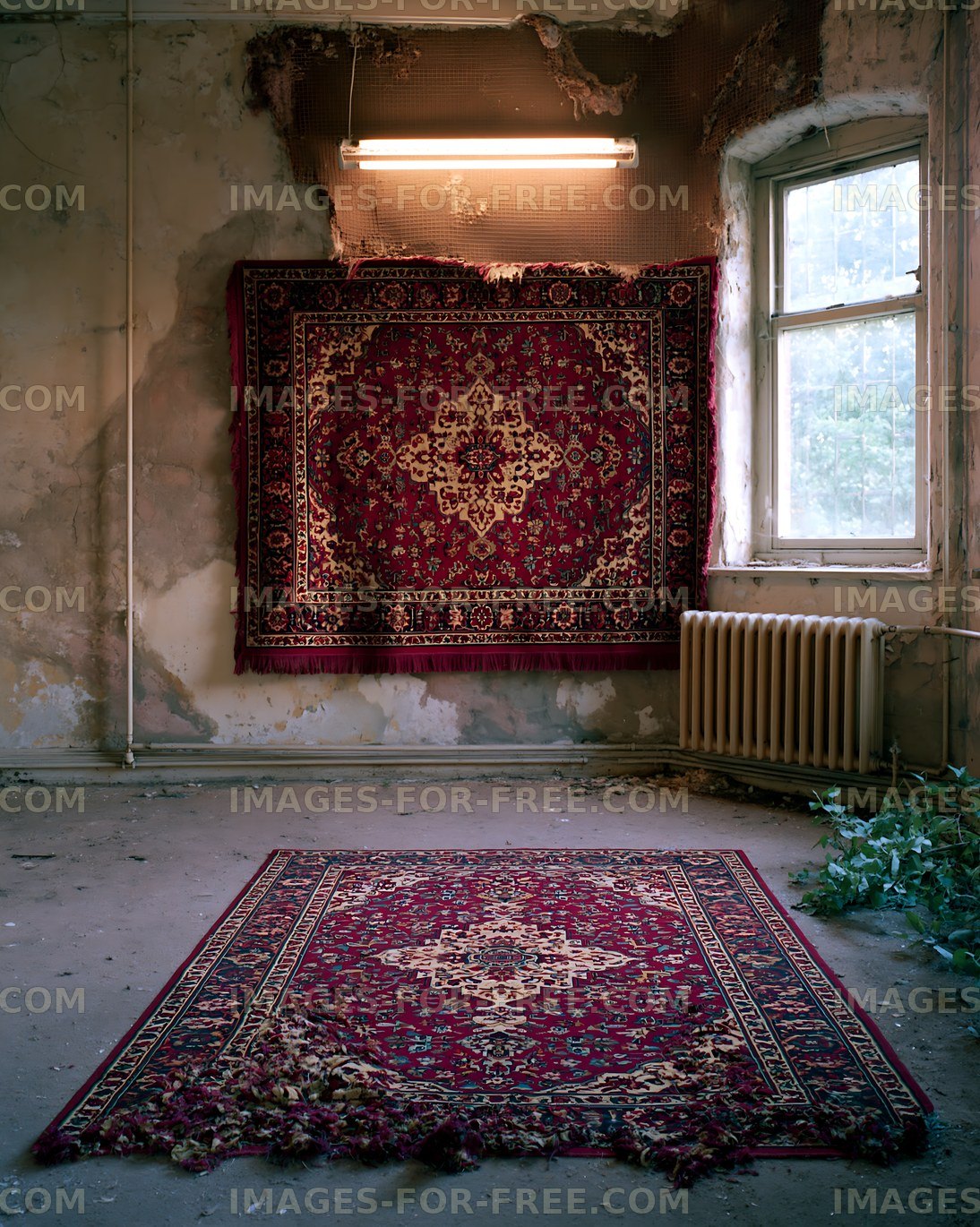 Old rugs in an abandoned room with peeling walls and a window