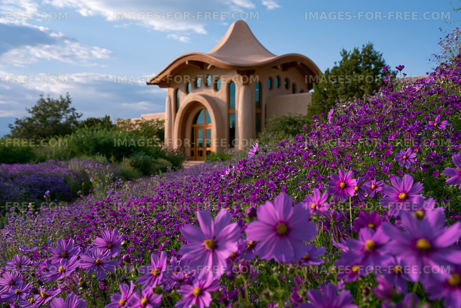 Vibrant purple flowers in front of a unique building at sunset