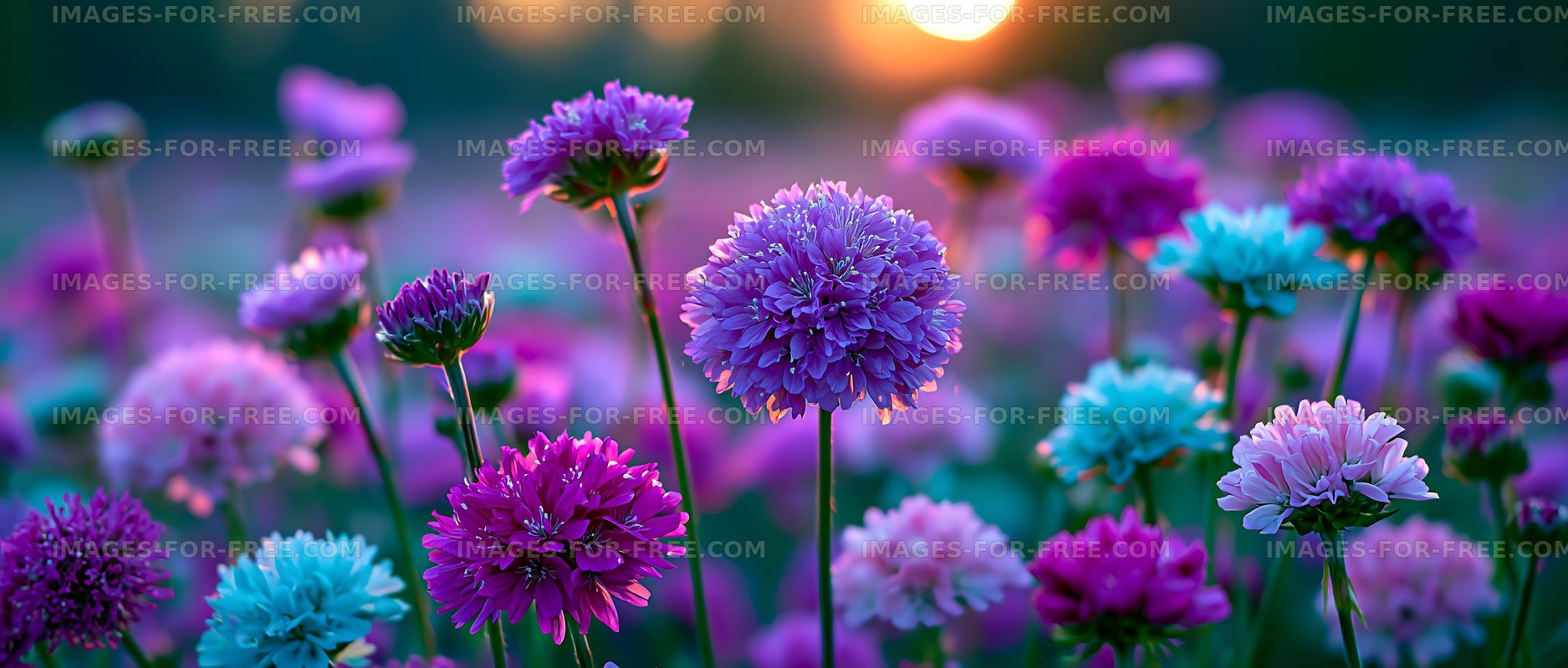 Colorful flowers blooming at sunset