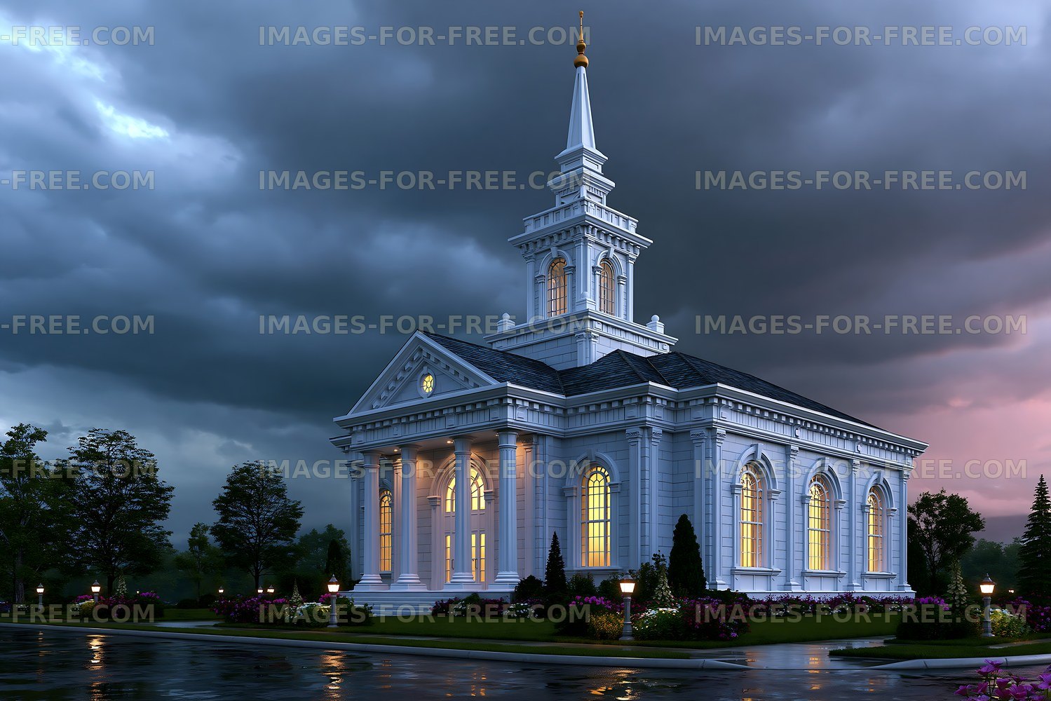 Building with steeple and large windows under cloudy sky