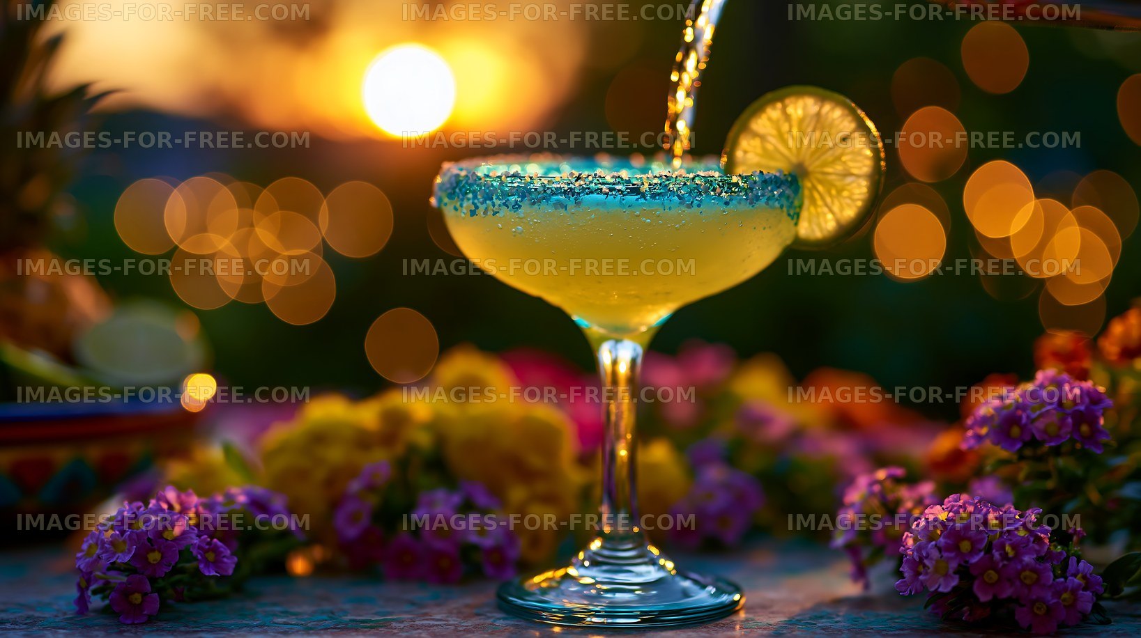 Sunset cocktail with lime and flowers on a table