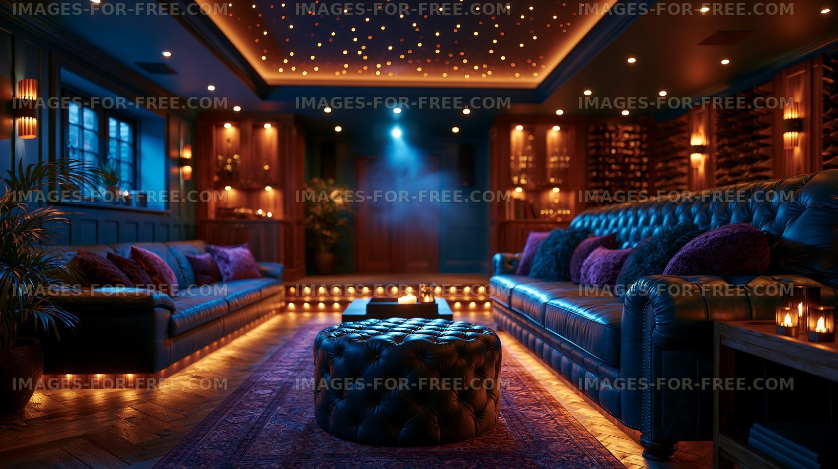 Cozy lounge area with leather sofas and dim lighting