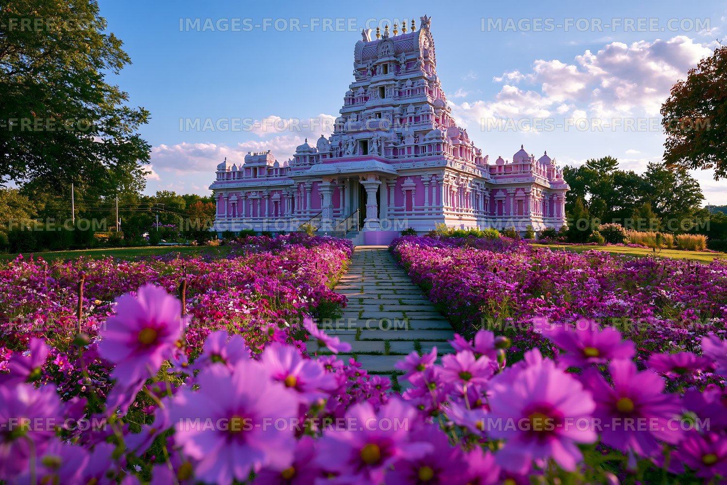 Temple surrounded by flowers in a garden during daylight