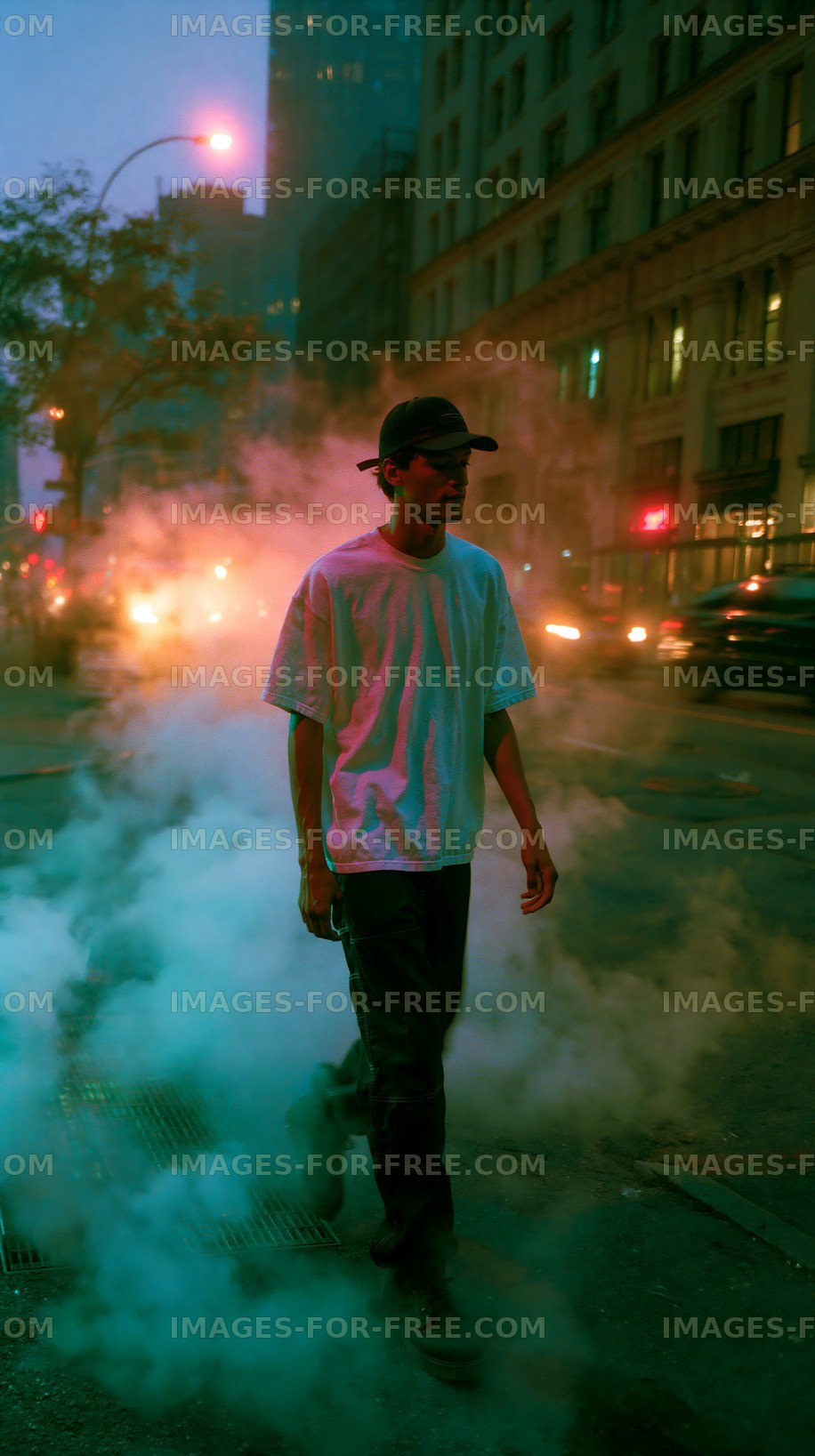 Man walking through fog on a busy city street at night