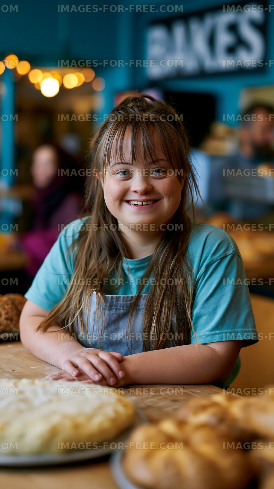 Smiling girl at a bakery during the day