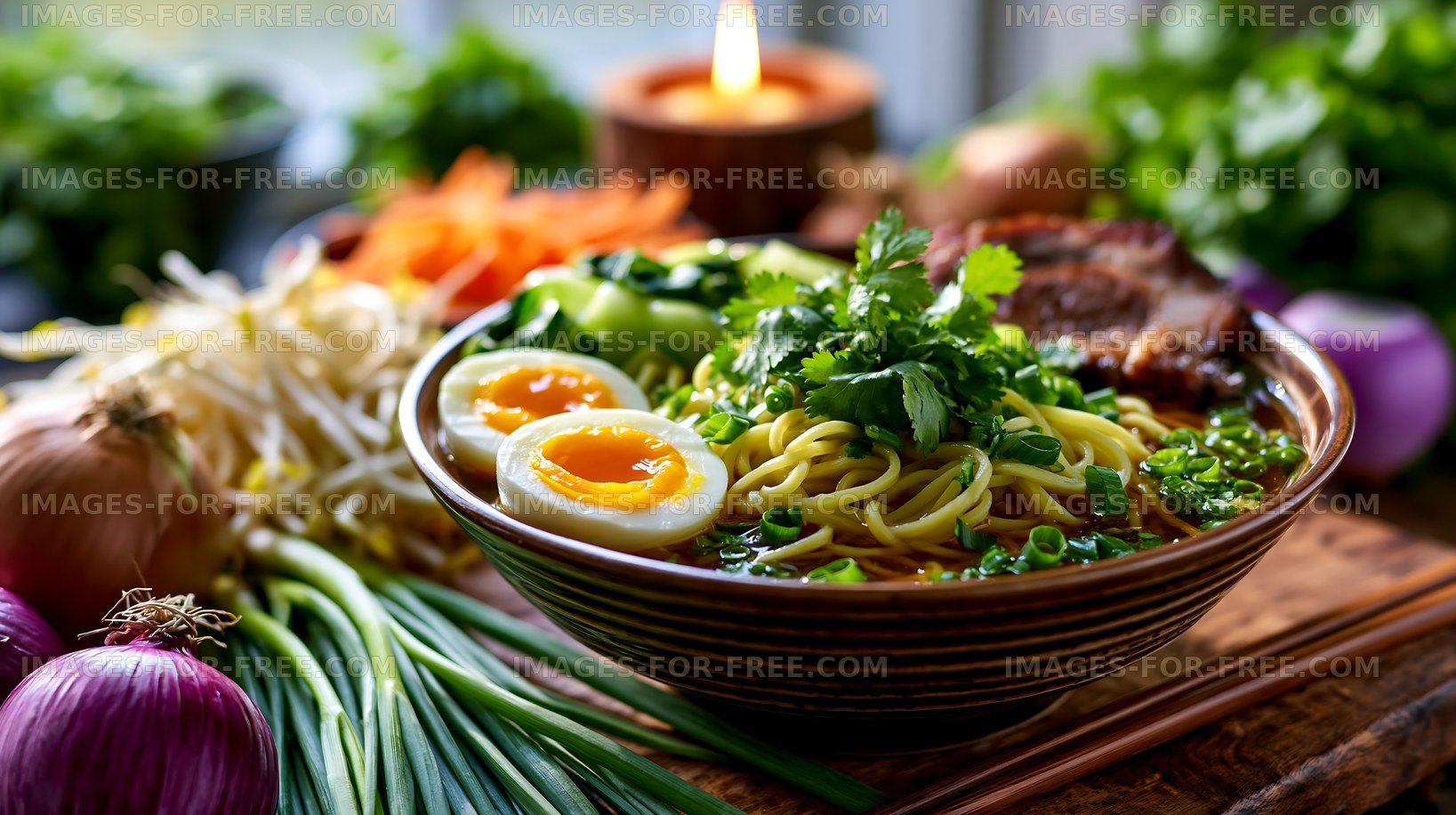 Delicious bowl of noodles with vegetables and eggs served on a table