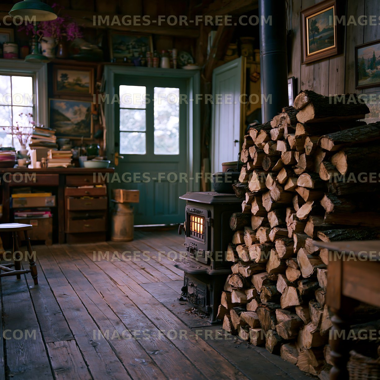 Cozy interior with a wood stove and stacks of firewood