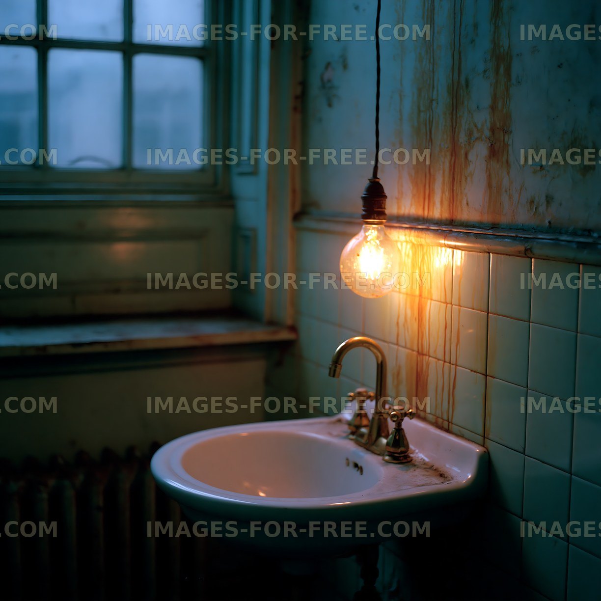 Old bathroom with a sink and a hanging light bulb in low light
