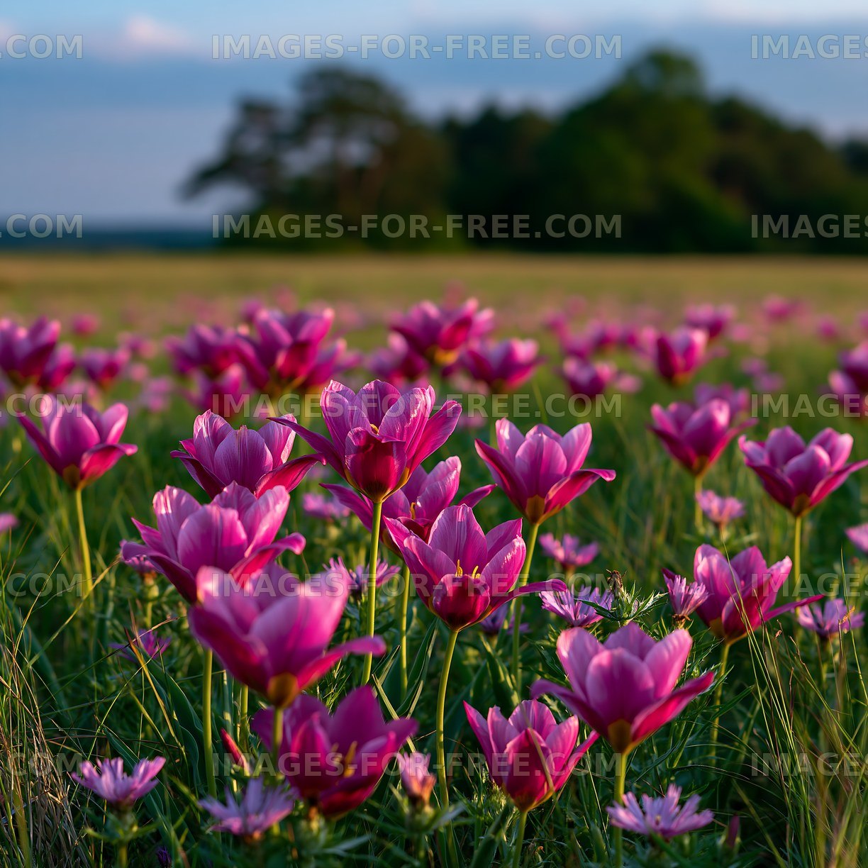 Colorful flowers bloom in a green field during sunset