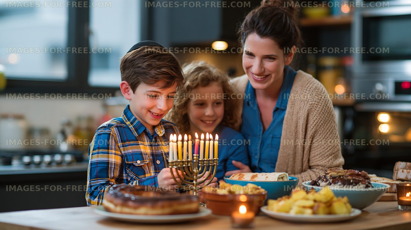 Family celebrates holiday with menorah and food on the table