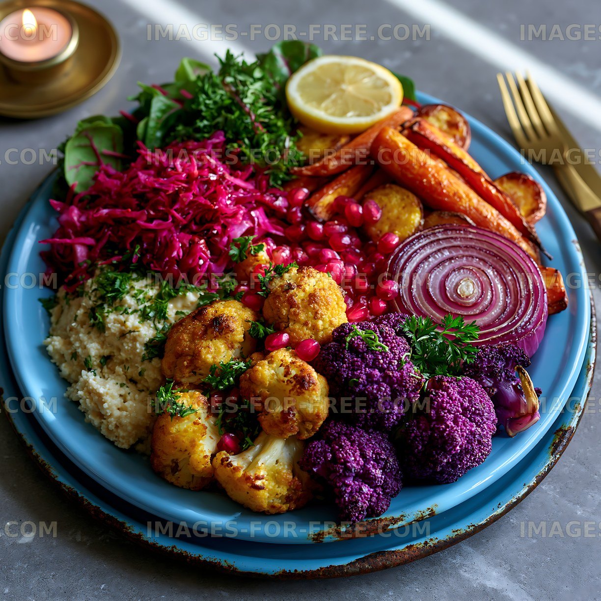 Colorful plate of roasted vegetables and salads with toppings