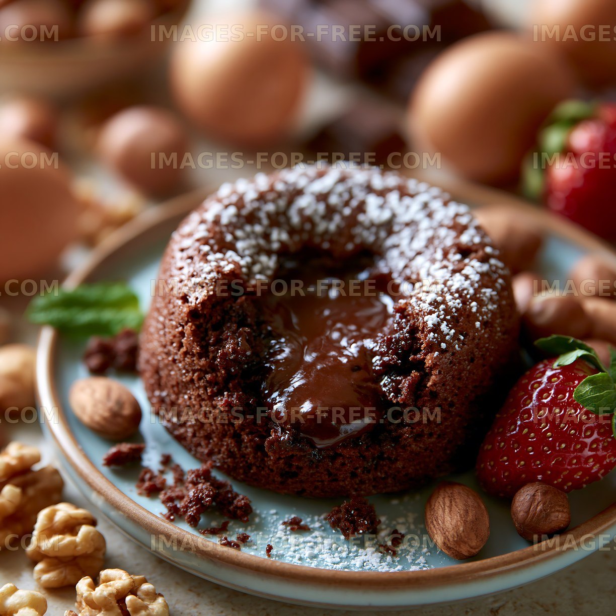 Chocolate lava cake with strawberries and nuts on a plate