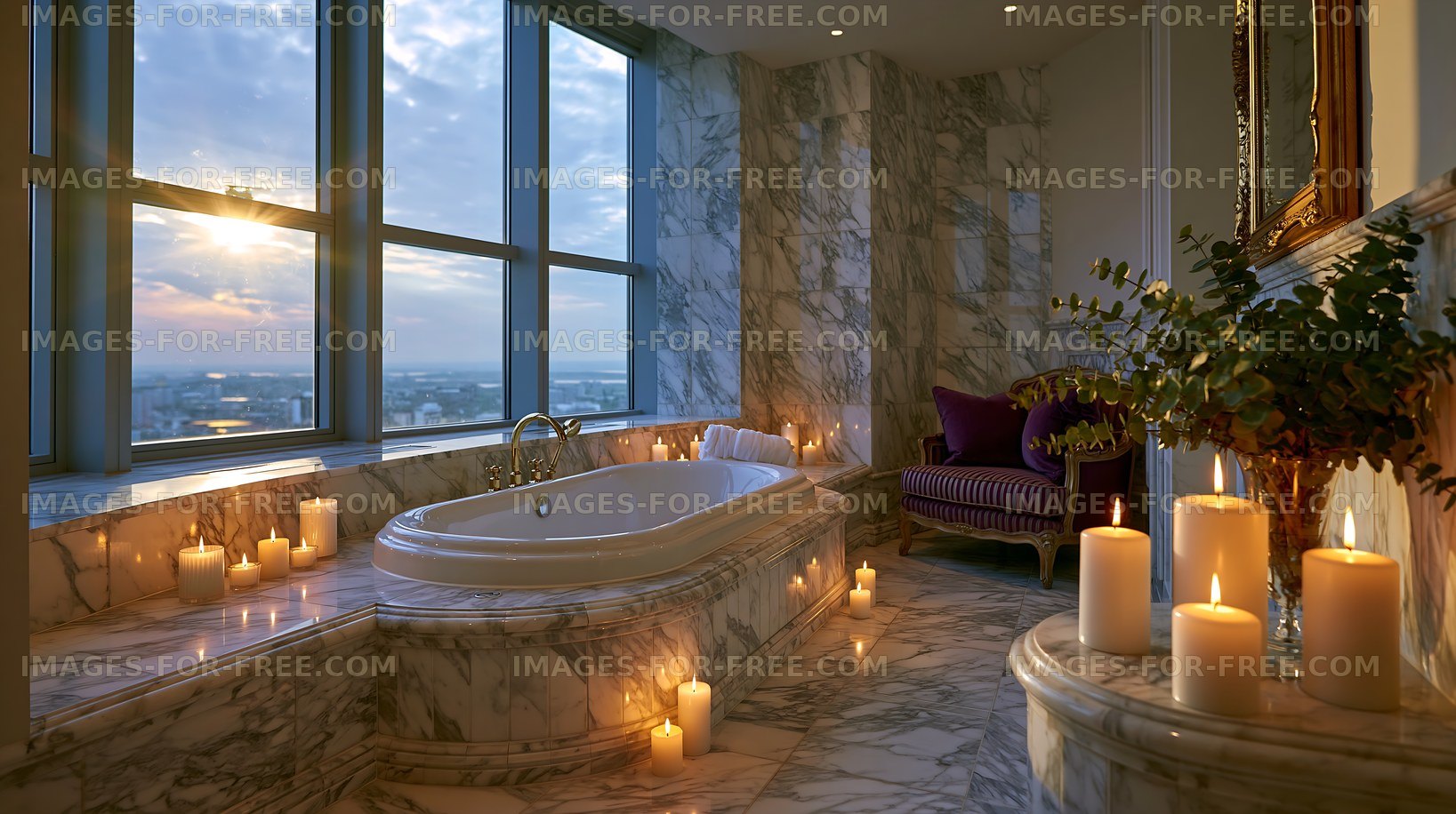 Luxury bathroom with candles and a view of the city at sunset