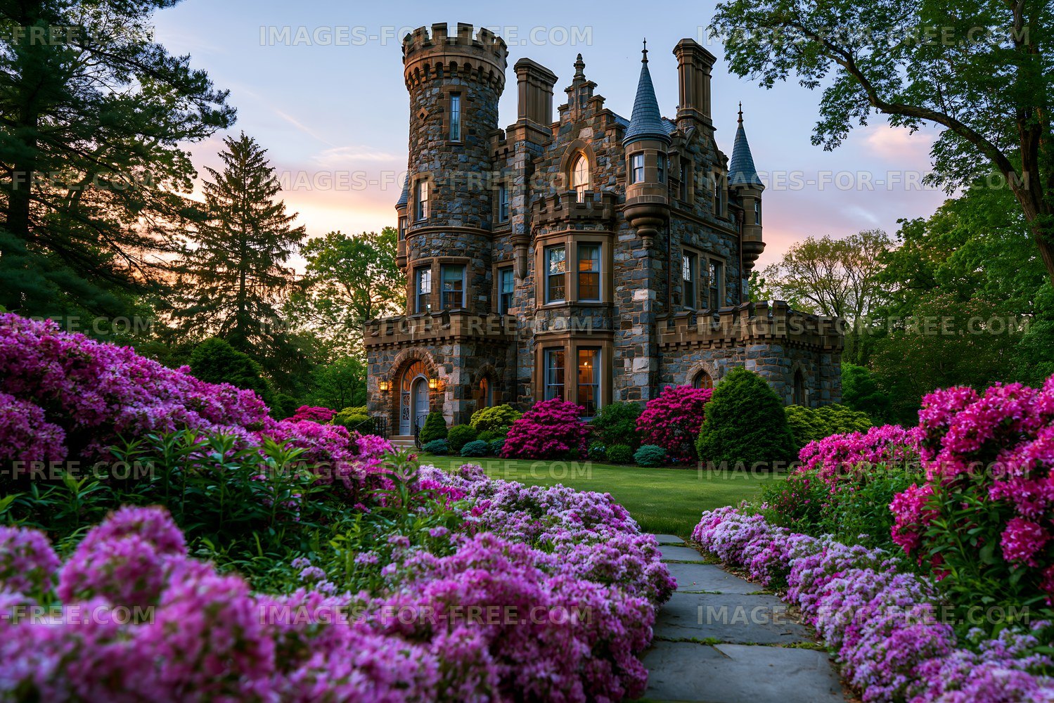 Castle surrounded by colorful flowers during sunset