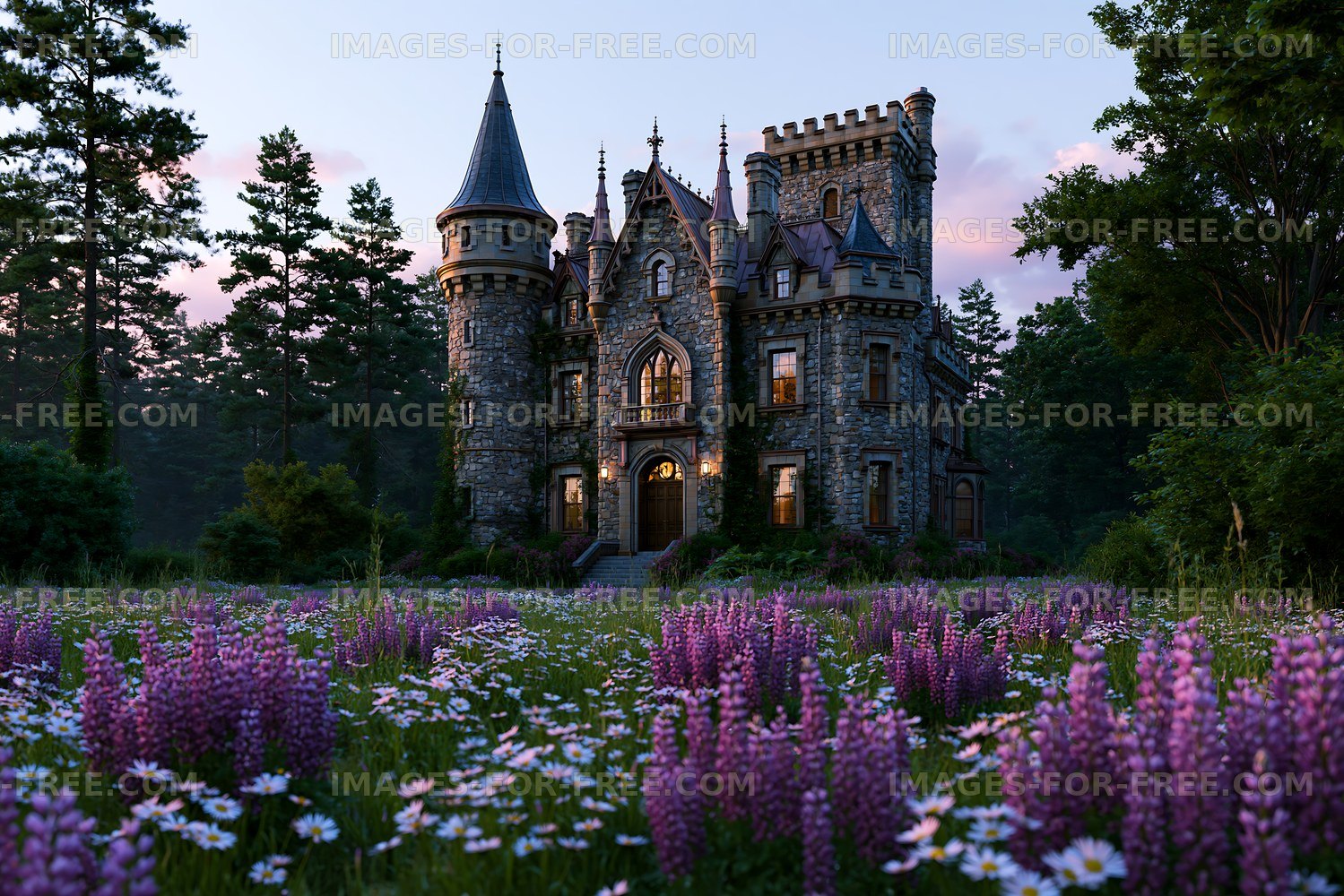 Historic castle surrounded by flowers at dusk