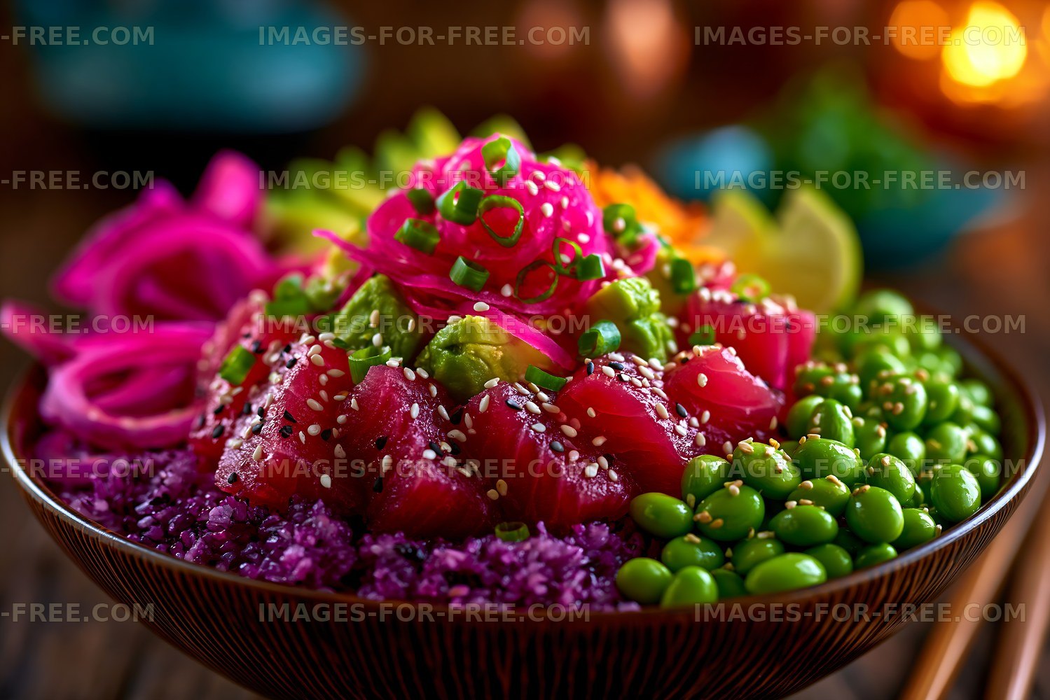 Fresh sushi bowl with colorful ingredients and toppings