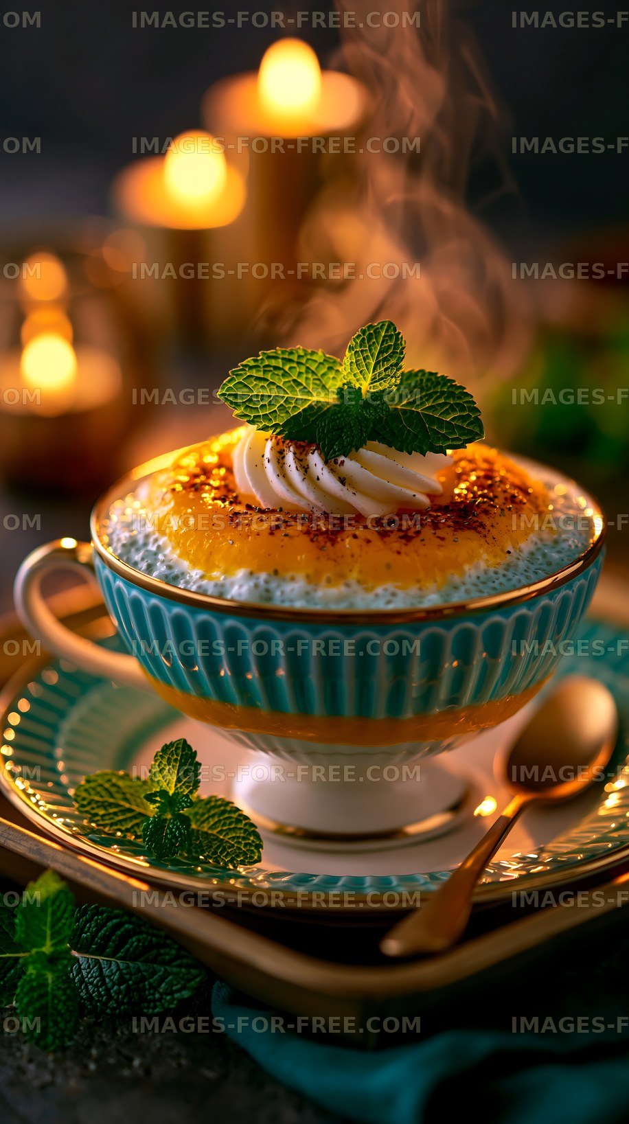Dessert served in a cup with mint and candlelight background