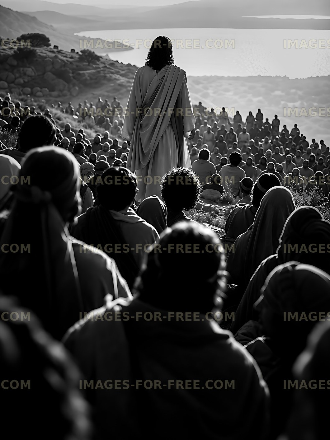 Man speaking to large crowd on a hillside near water