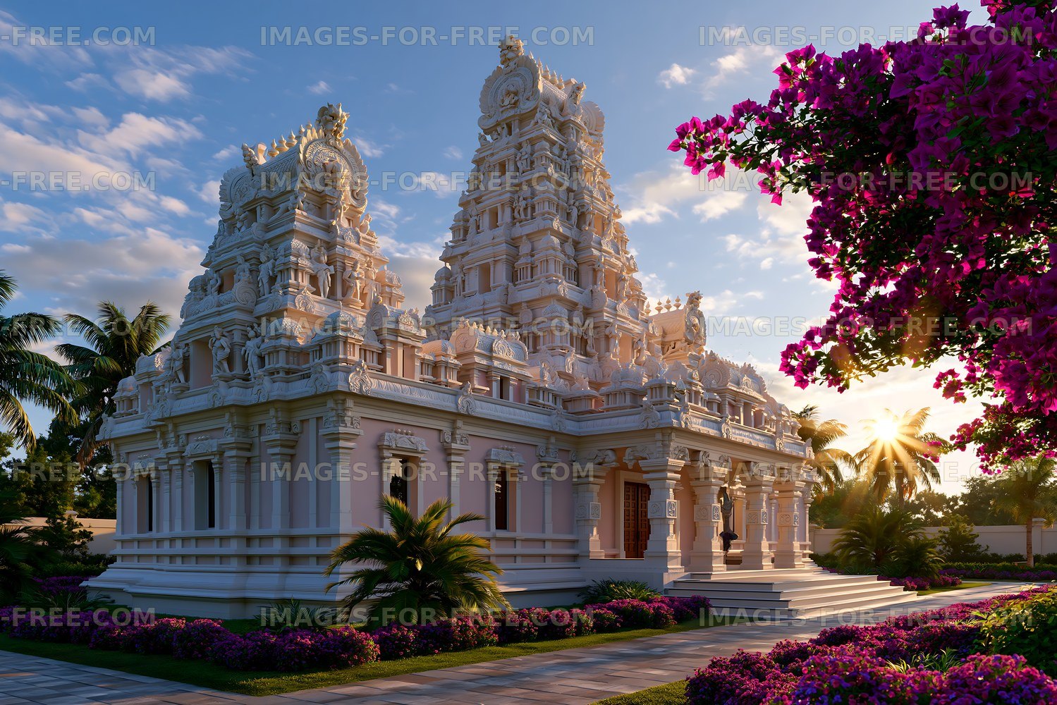 Magnificent temple structure surrounded by vibrant flowers and trees