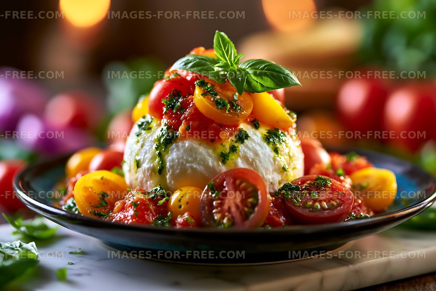 Fresh mozzarella served with colorful tomatoes and basil