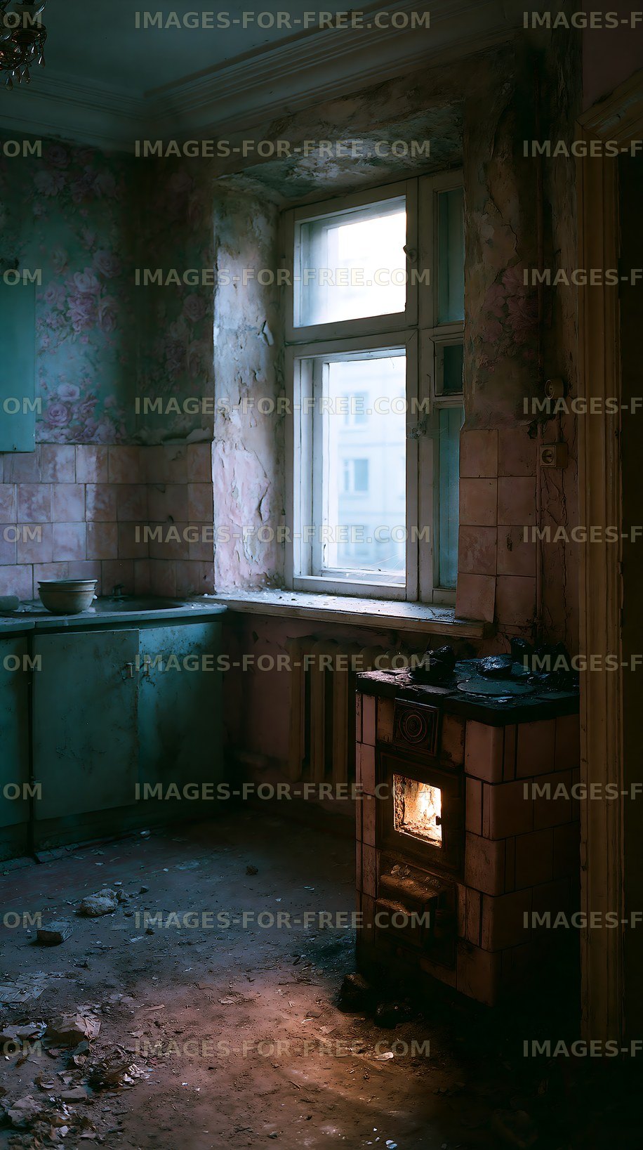 Old kitchen with an antique stove and peeling walls