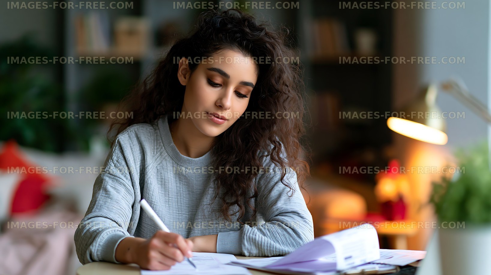 Young woman writing in a notebook at home in the evening