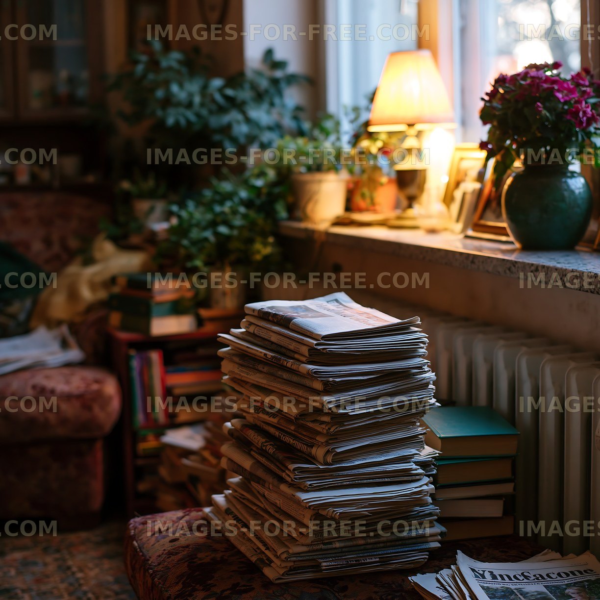 Stacks of old newspapers near a window with plants and lamp