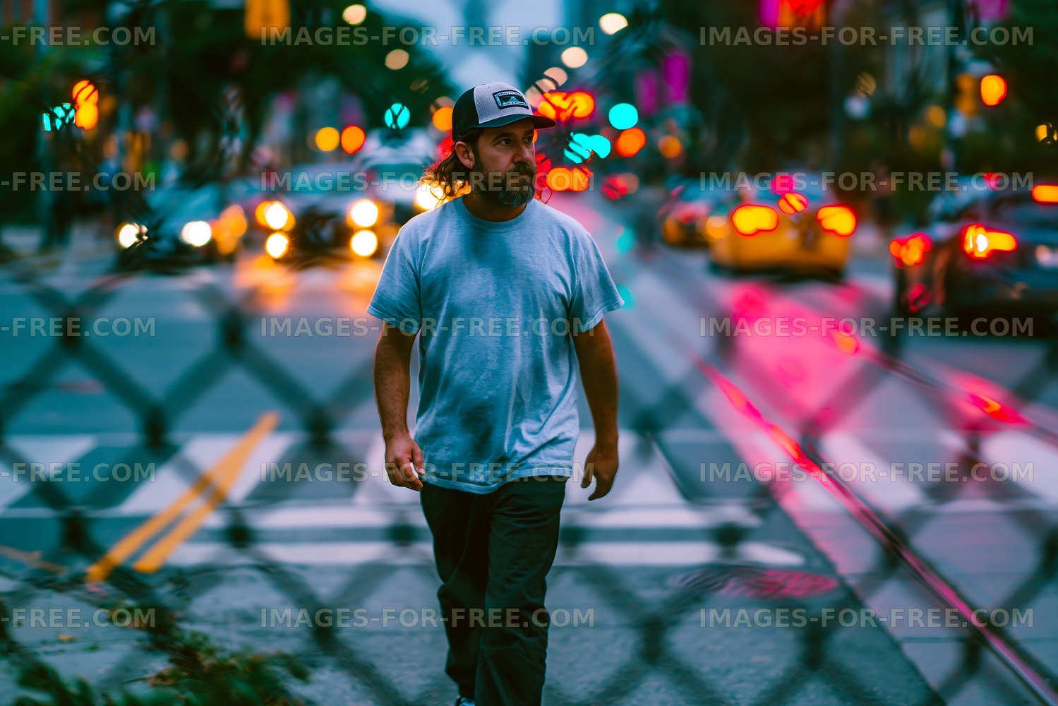 Man walks along the street in the city during evening hours