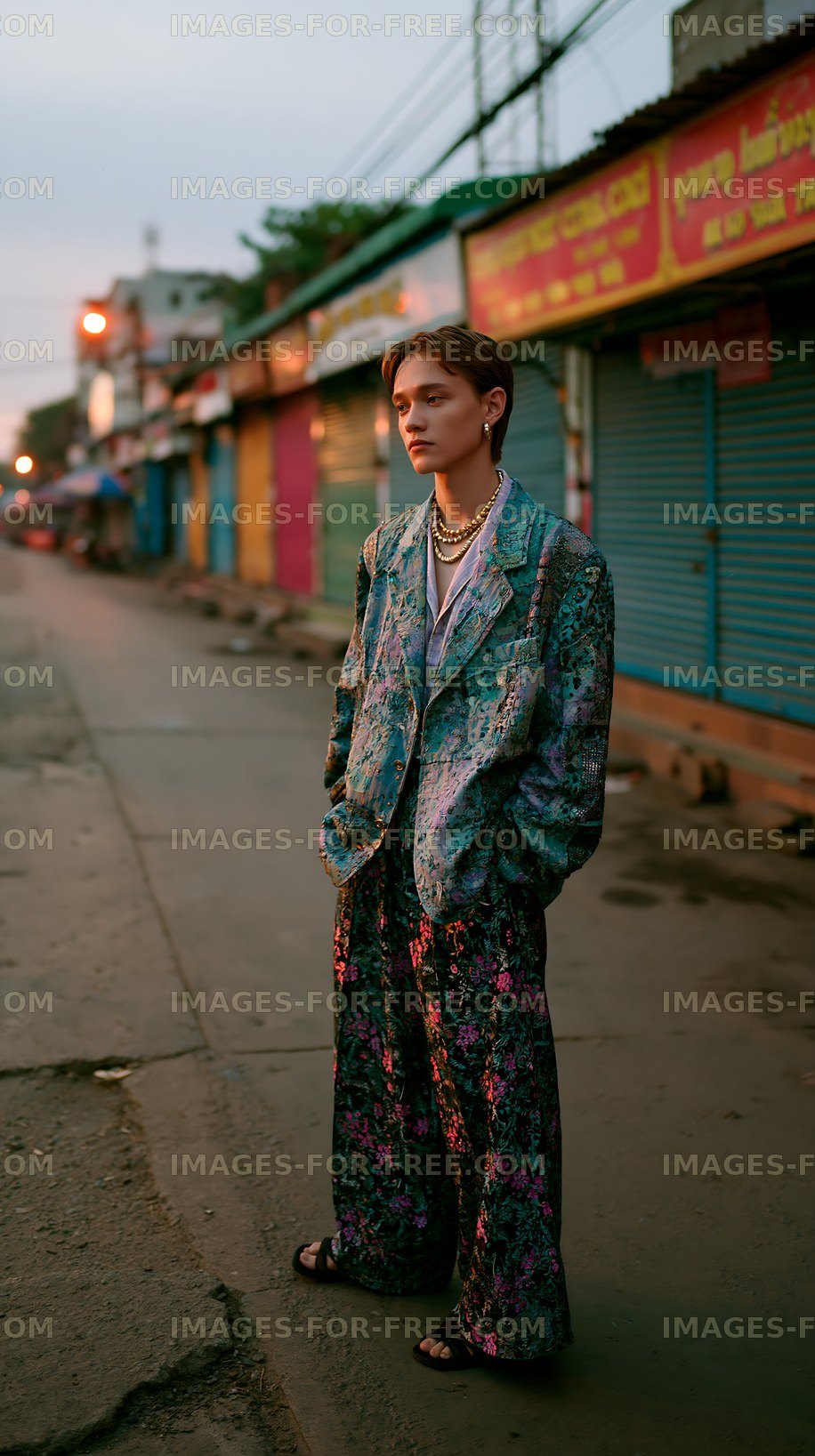 Model standing on a quiet street with colorful shops at dusk