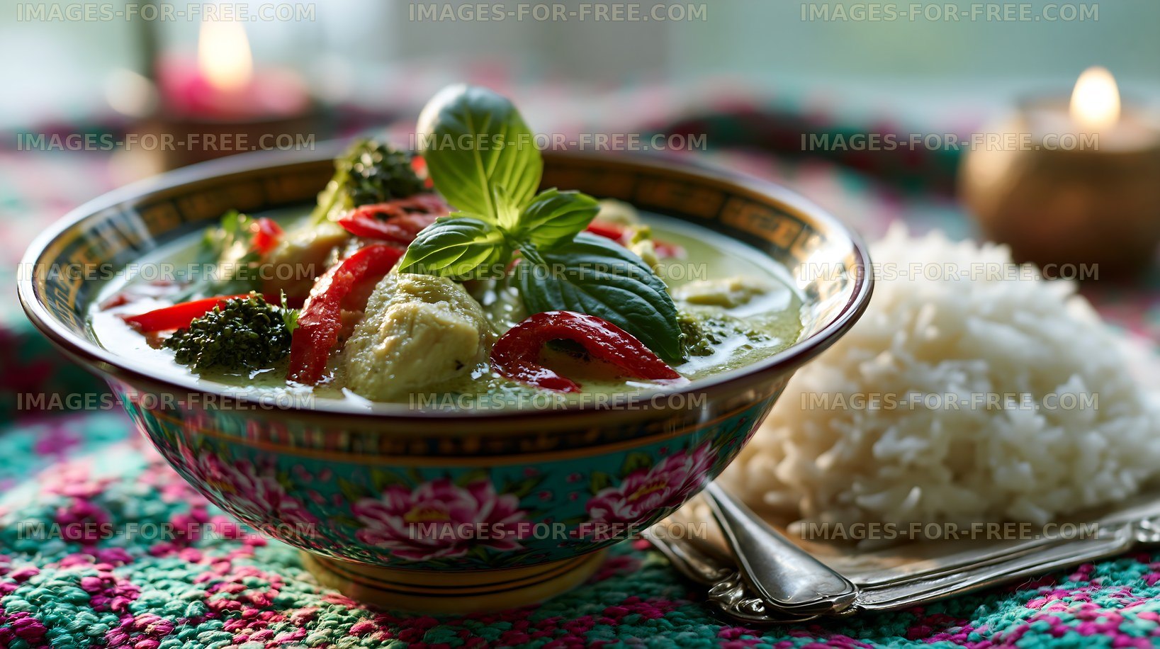 Delicious green curry served with rice on a colorful tablecloth