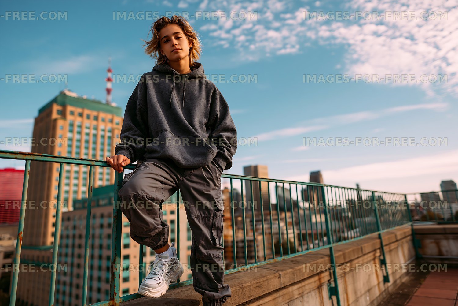 Young person standing on a rooftop with city skyline in the background