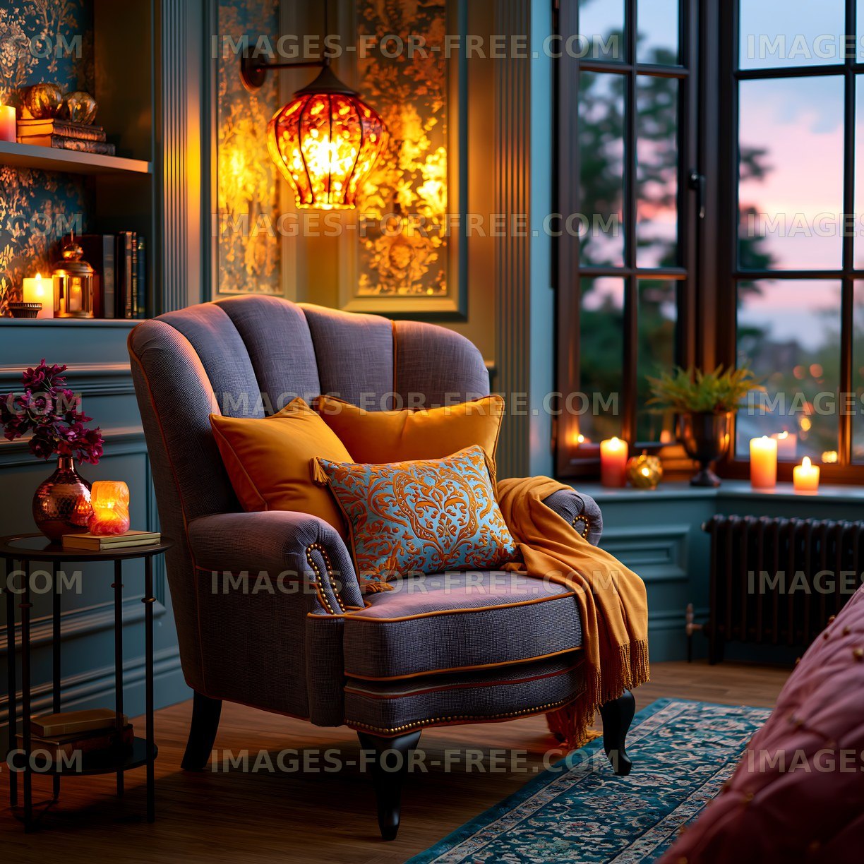 Cozy armchair with pillows by the window at sunset