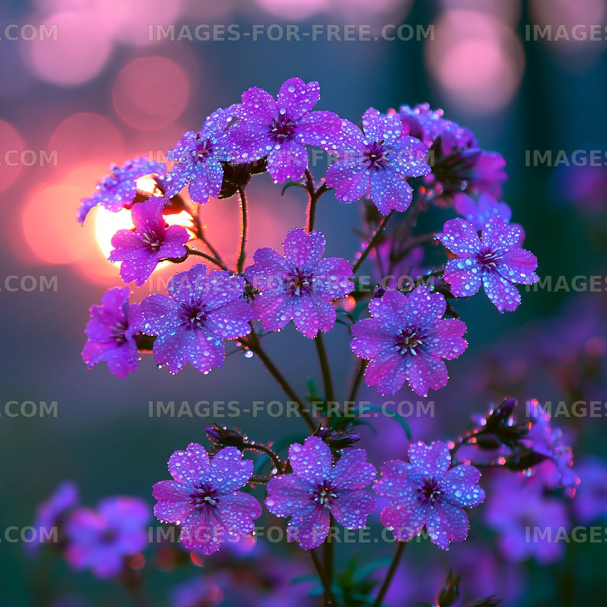 Purple flowers with dew at sunset
