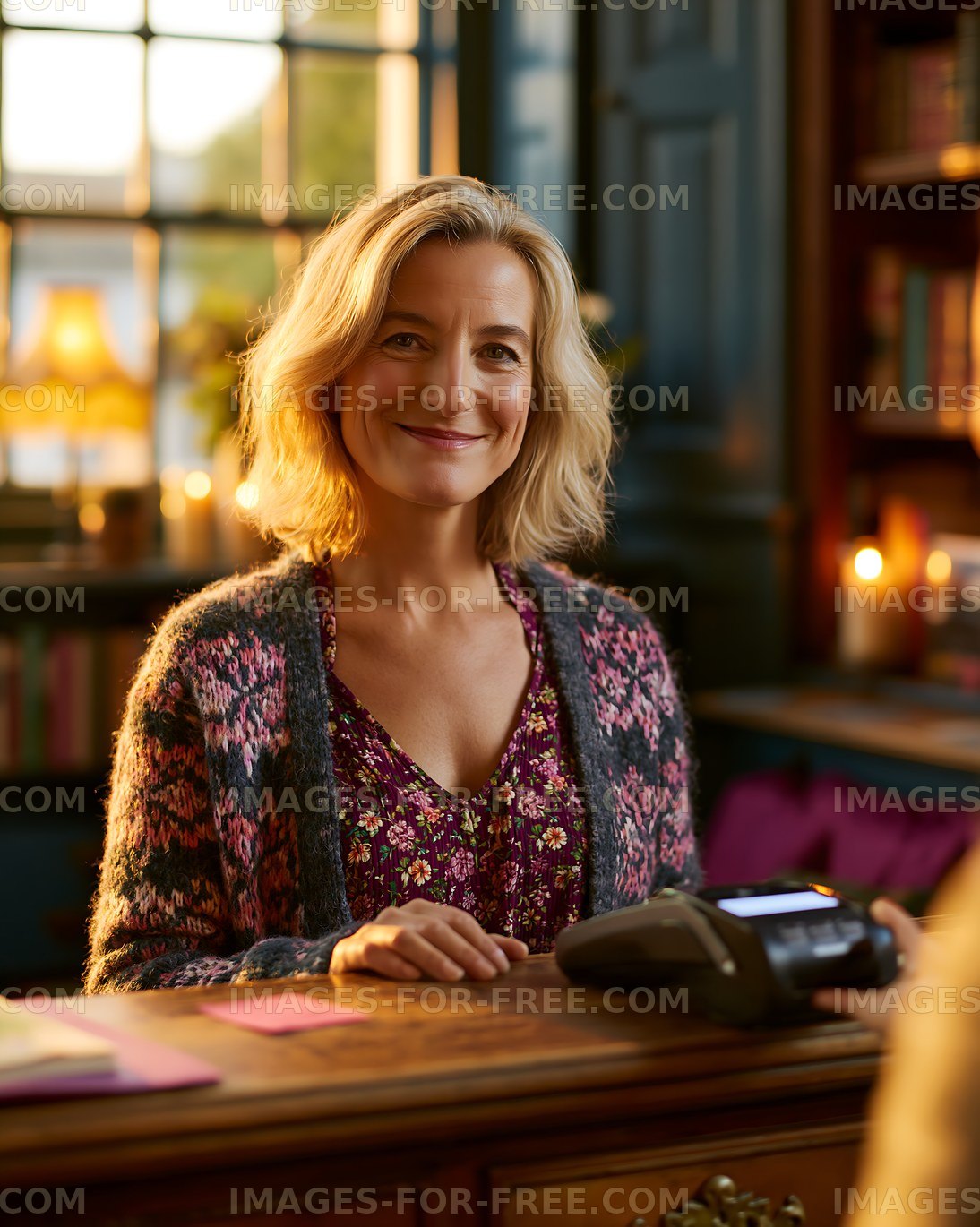 Woman smiling at a checkout counter in a cozy shop