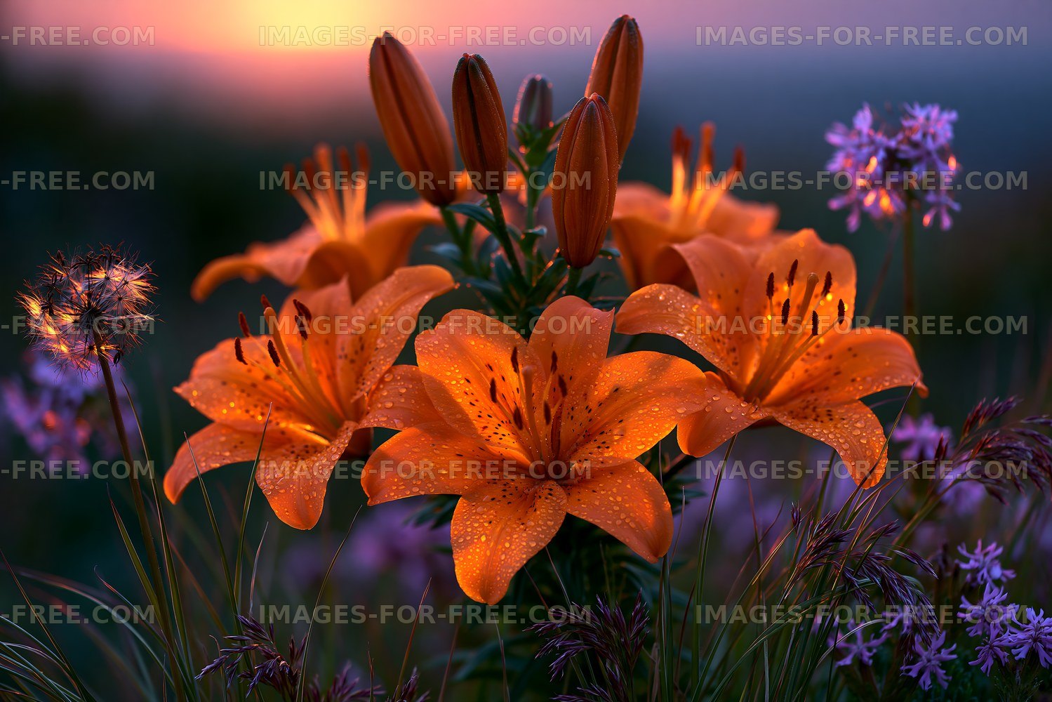 Bright orange lilies blooming during sunset with purple flowers