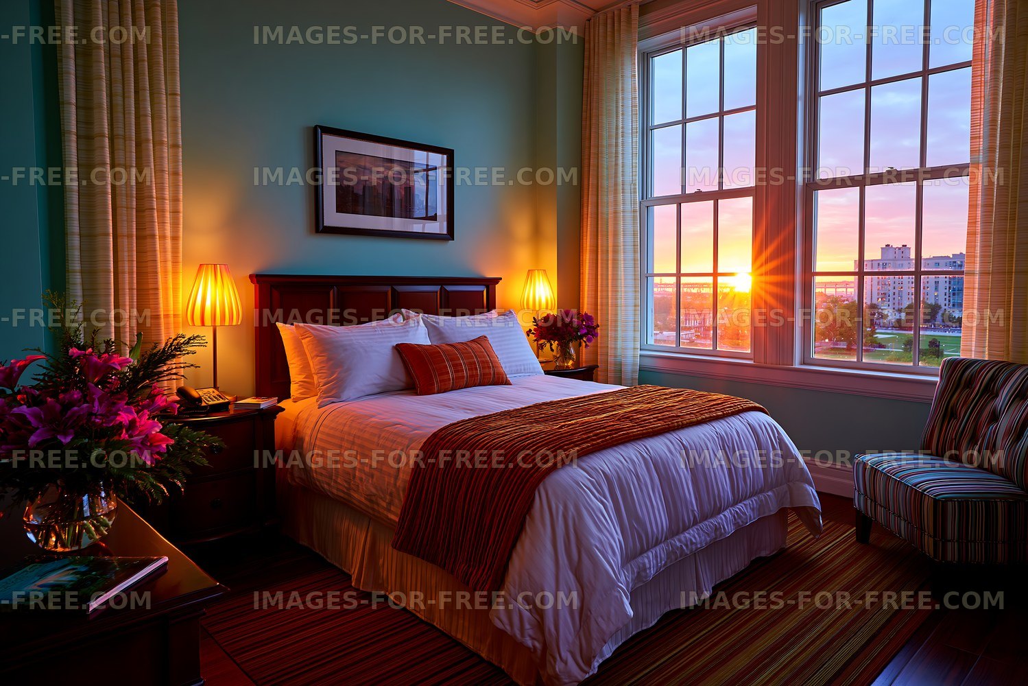 Cozy bedroom with sunset view and warm lighting