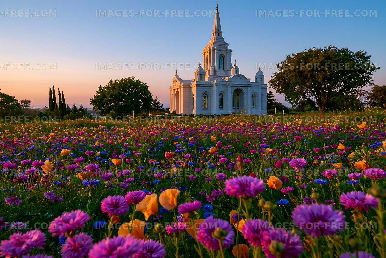 Sunrise over a temple surrounded by colorful flowers in a field