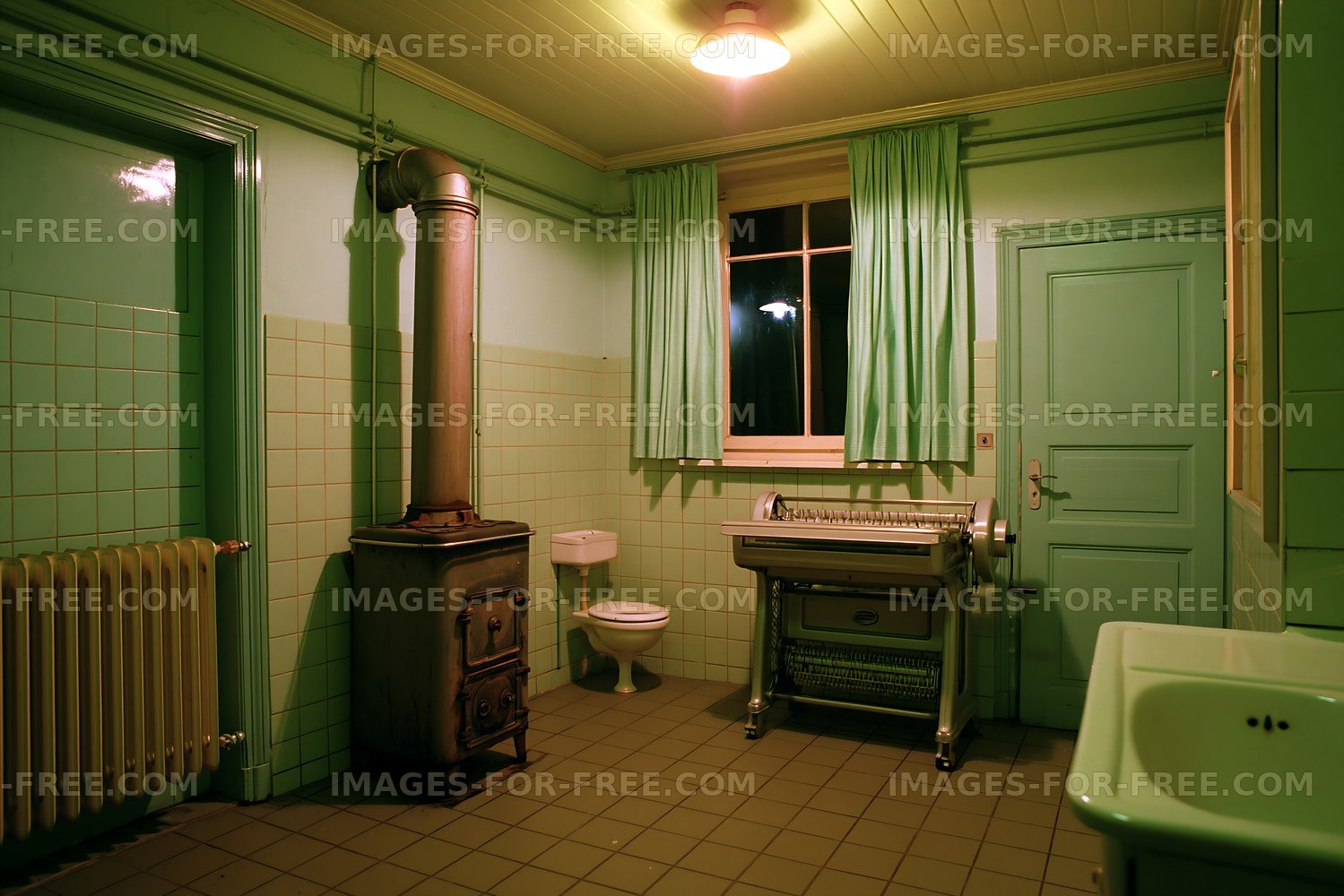 Old bathroom with green walls and vintage appliances