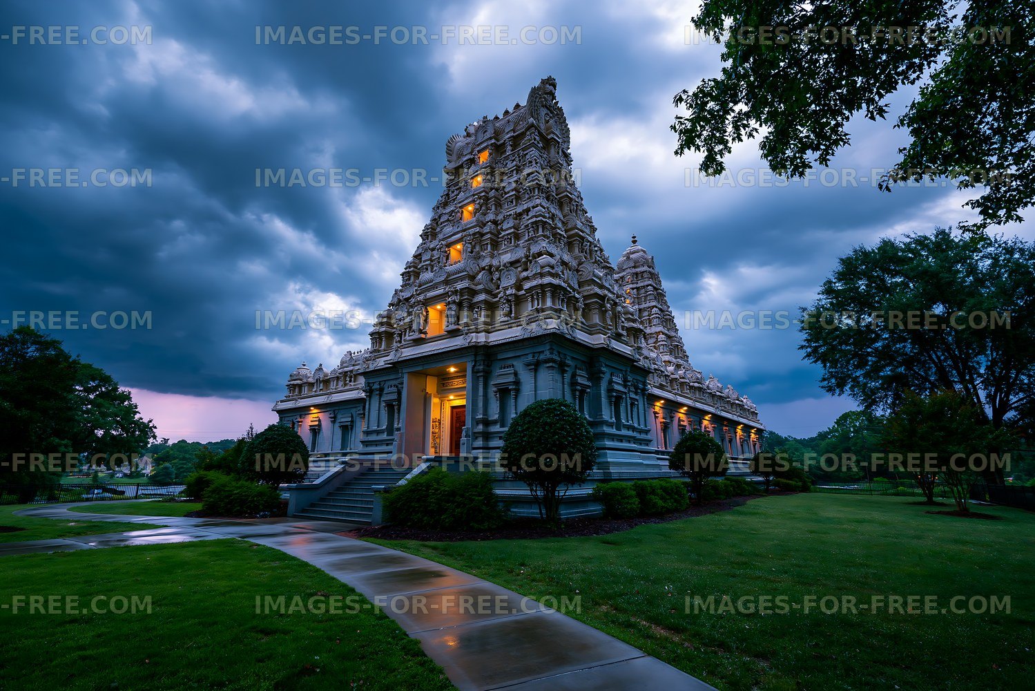 Evening scene of a temple with cloudy sky