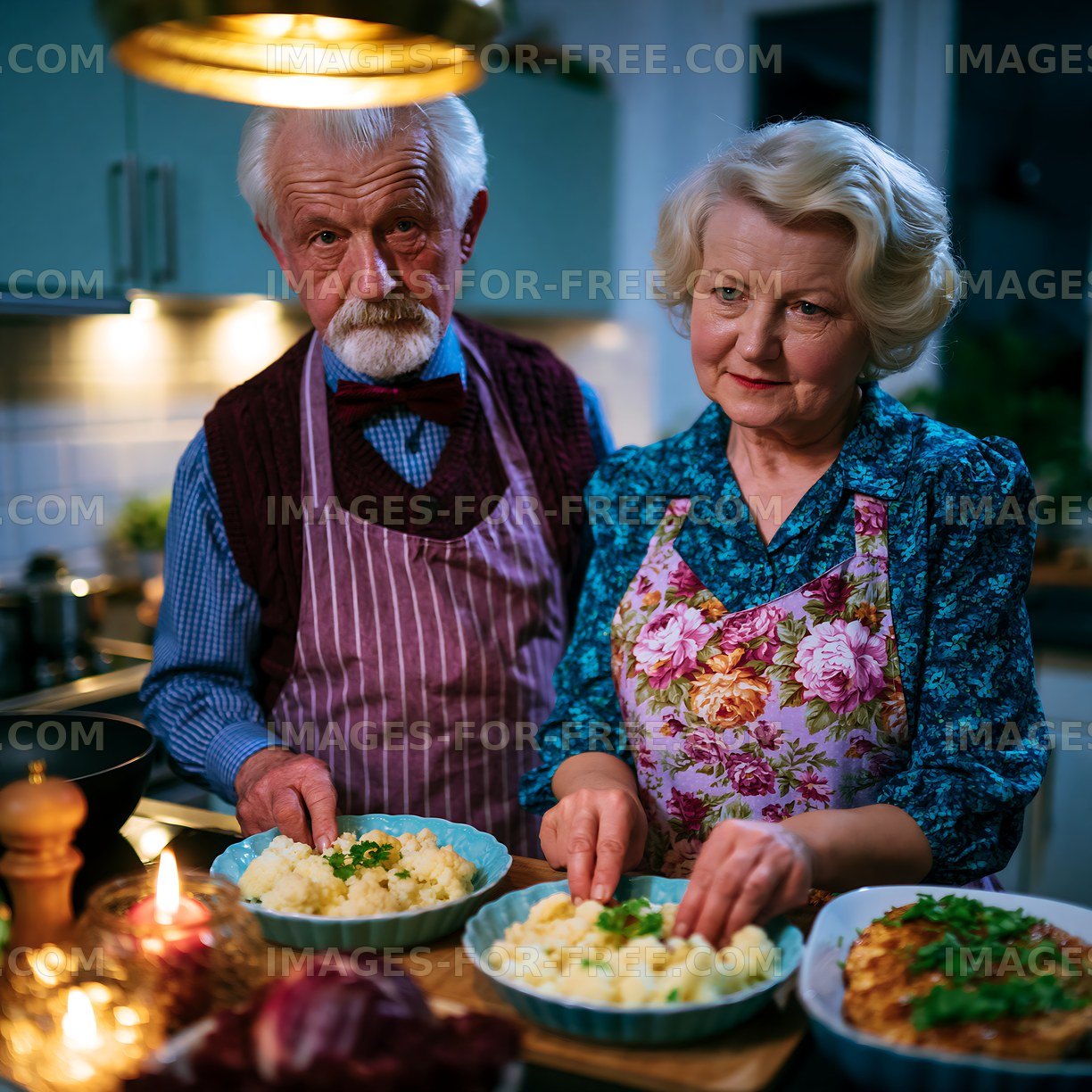 Elderly couple preparing dinner in a cozy kitchen at night